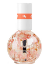 Flowery Lily scented cuticle oil with real flower petals, designed to nourish and hydrate nails and cuticles.